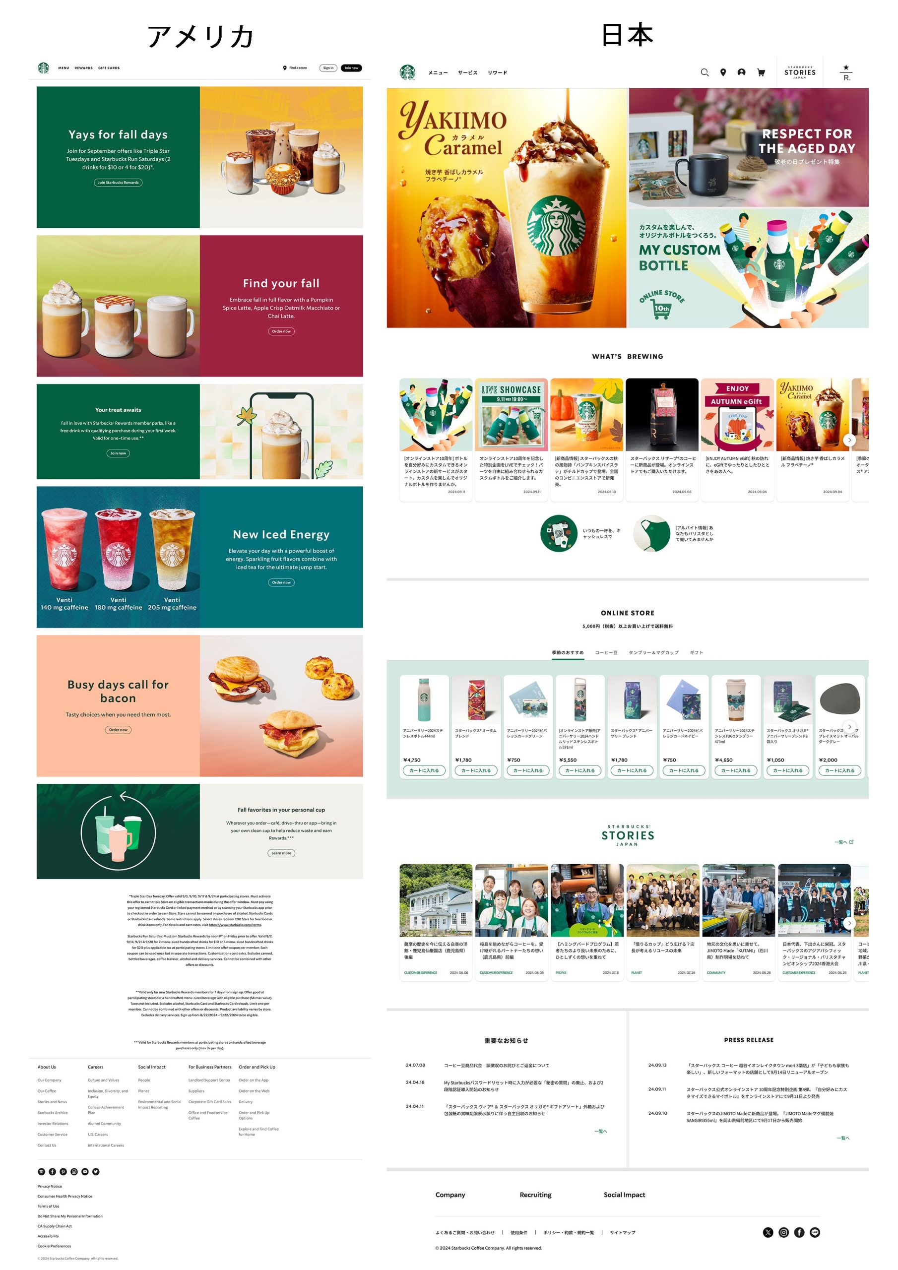 日本とアメリカのスターバックスのwebサイト